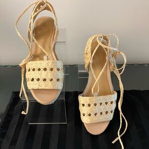 SCHUTZ Lace-Up Ankle Wedge Espadrilles, Natural Color, Rubber Soles. Size 7.5